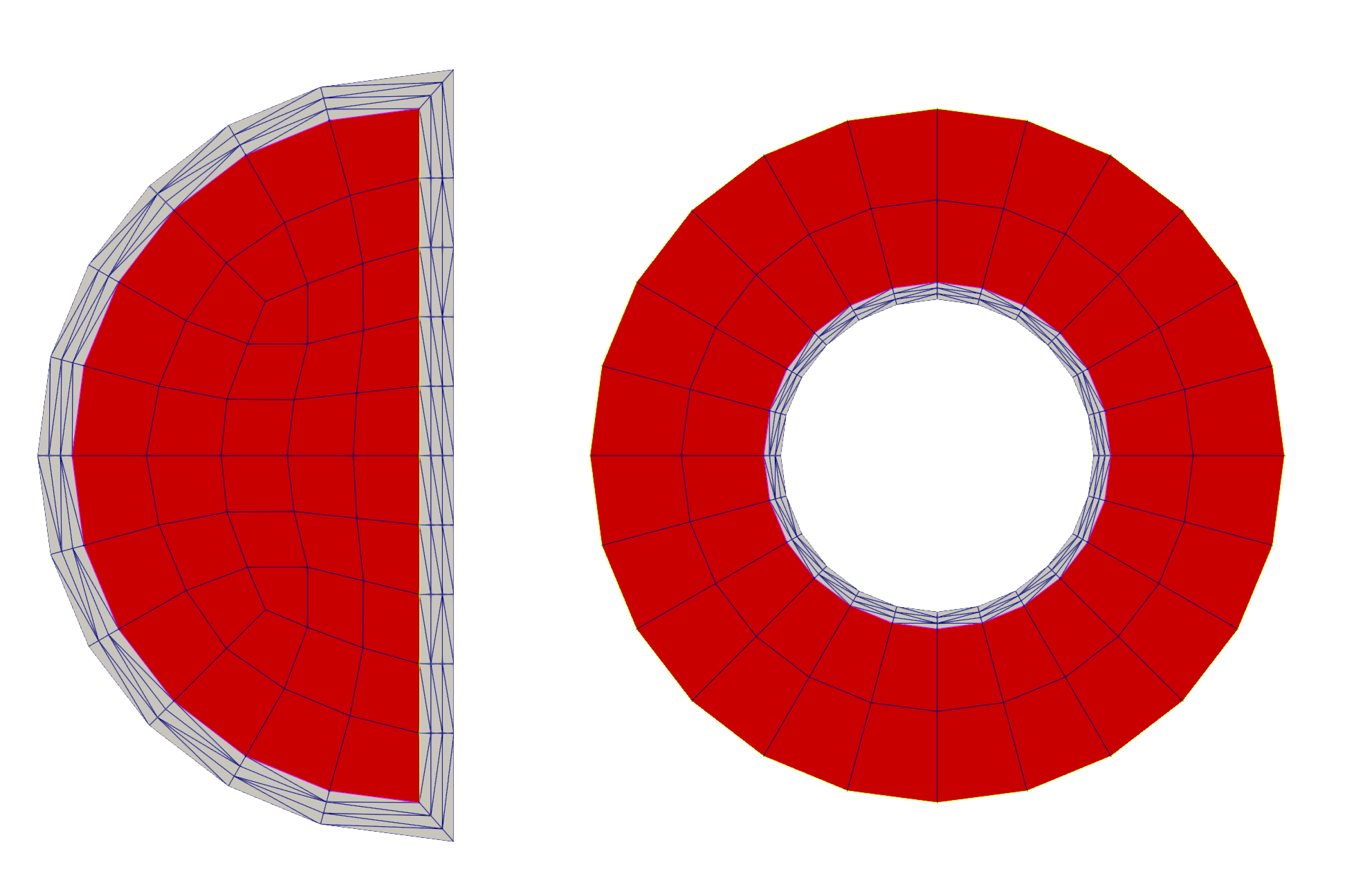 Example of outward (left) and inward (right) boundary layer meshed by this generator. The red blocks are the input meshes, and the grey blocks are the meshed boundary layers.