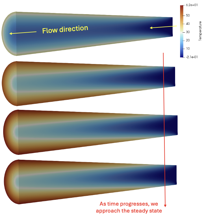 Time evolution of the fluid temperature