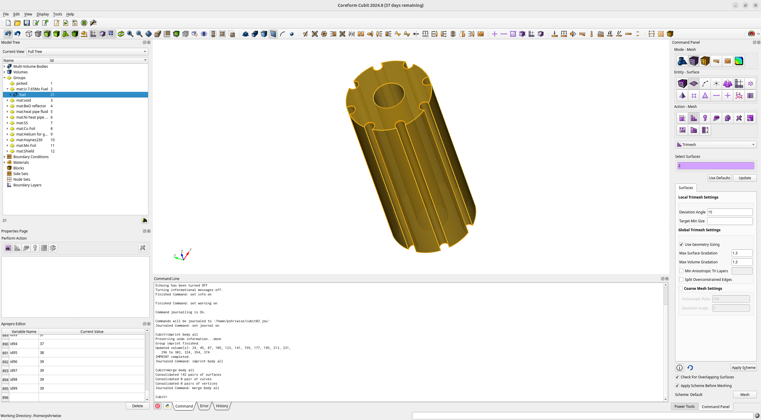 Fuel volume of the KRUSTY reactor imported into Cubit.