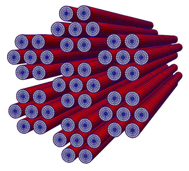 Example mesh which can be generated with the `fuel_pins` meshing script, shown for 7 assemblies each with 7 pins