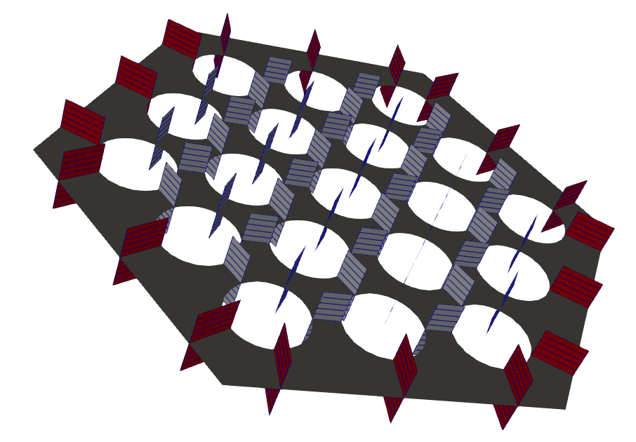 Gap mesh generated with three pin rings; elements are colored by block IDs