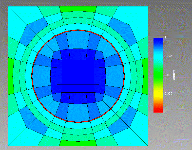 12 iterations of Laplacian smoothing. Coloring is by element quality (higher is better).