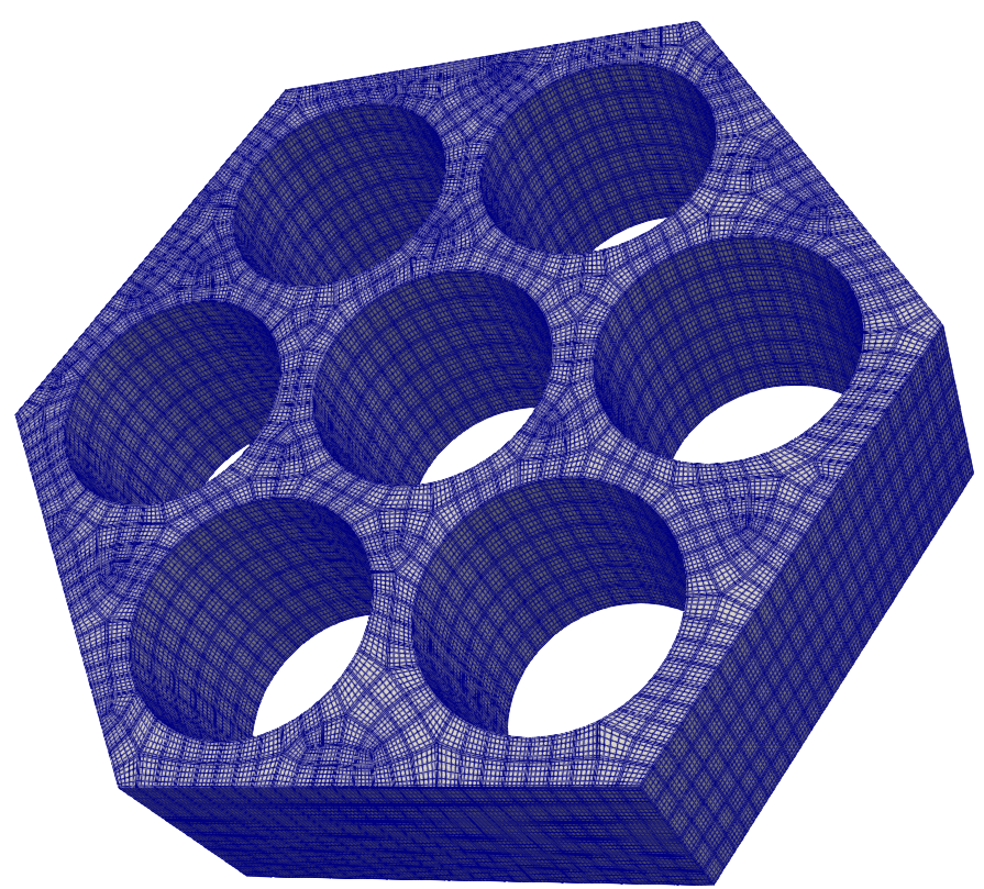 NekRS mesh for 7-pin [!ac](SFR) fuel bundle; lines are shown connecting [!ac](GLL) points