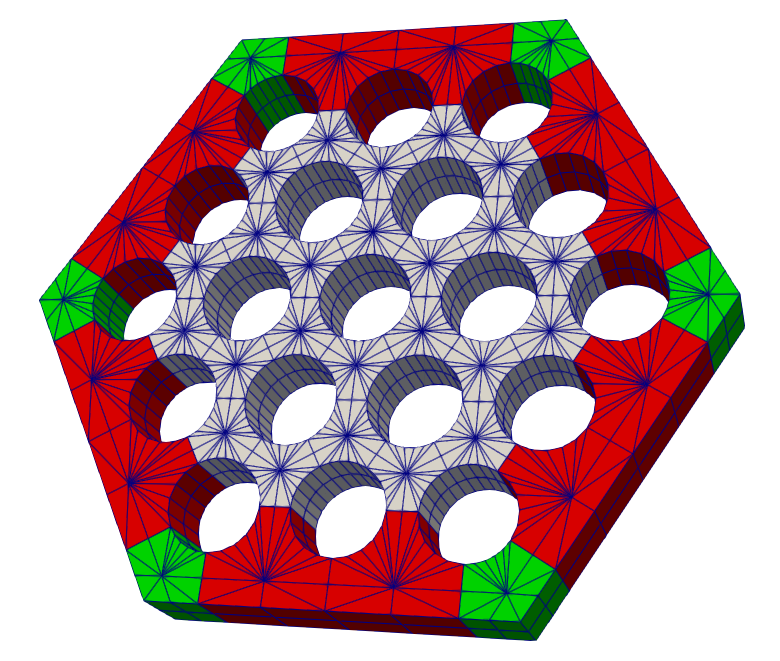 Mesh generated with three pin rings; elements are colored by block IDs