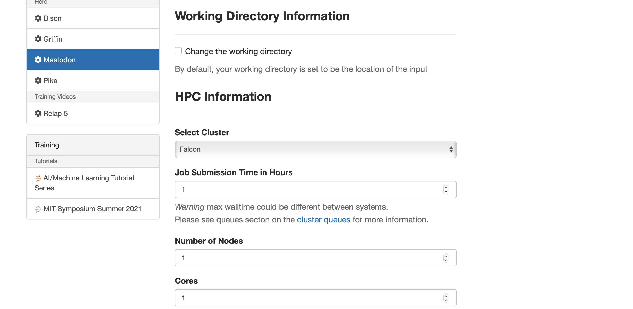 Center part of the NCRC job submission form.