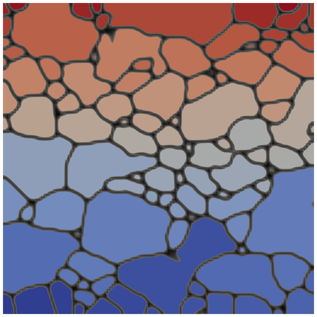 Reconstructed microstructure using EBSDReader, created using the phase_field module                example file `IN100-111grn.i`