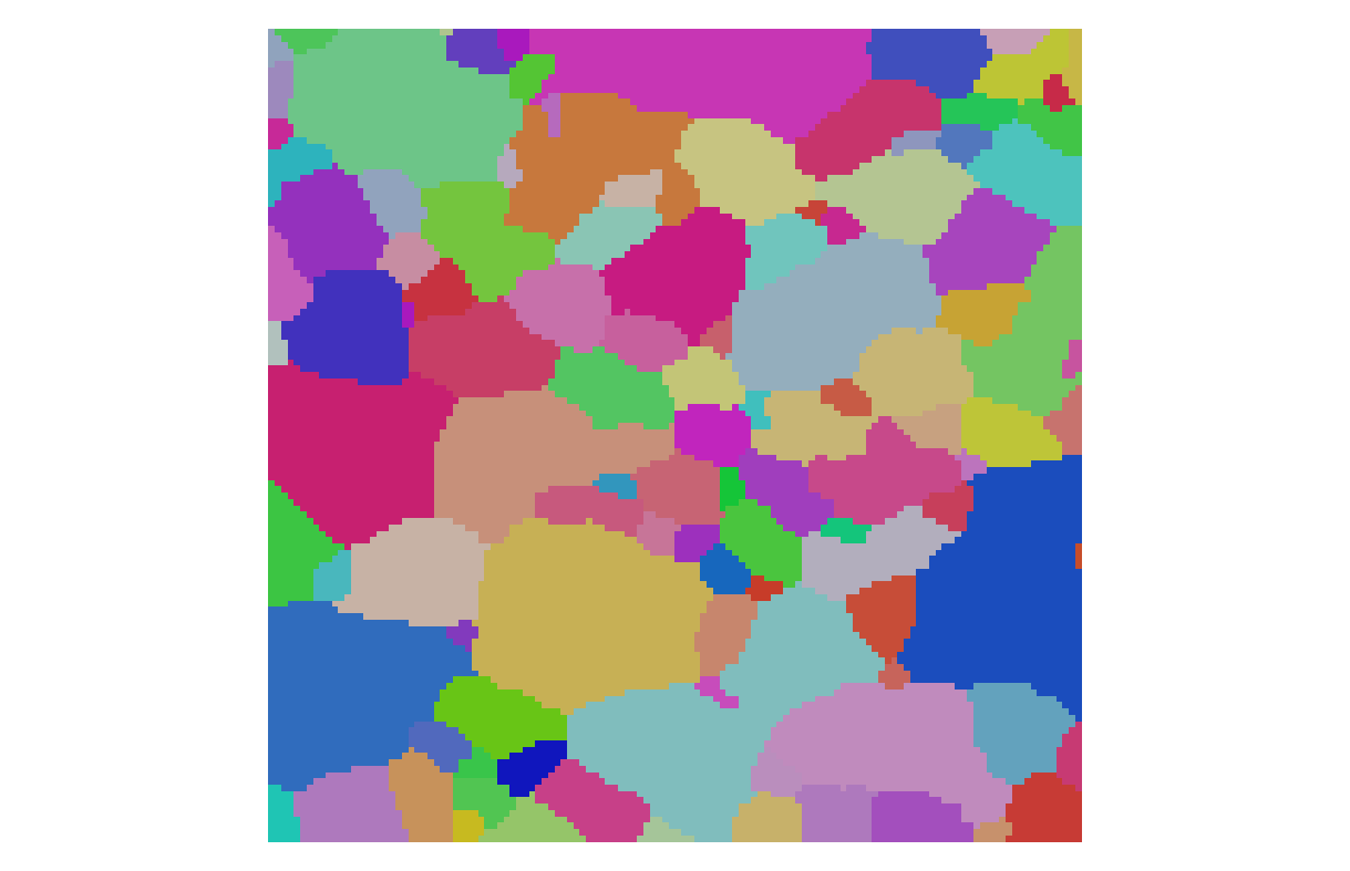 Reconstructed microstructure with the color representation of the inverse polefigure                description of the crystal orientations. Image created using the phase_field module                example file `IN100-111grn.i`.