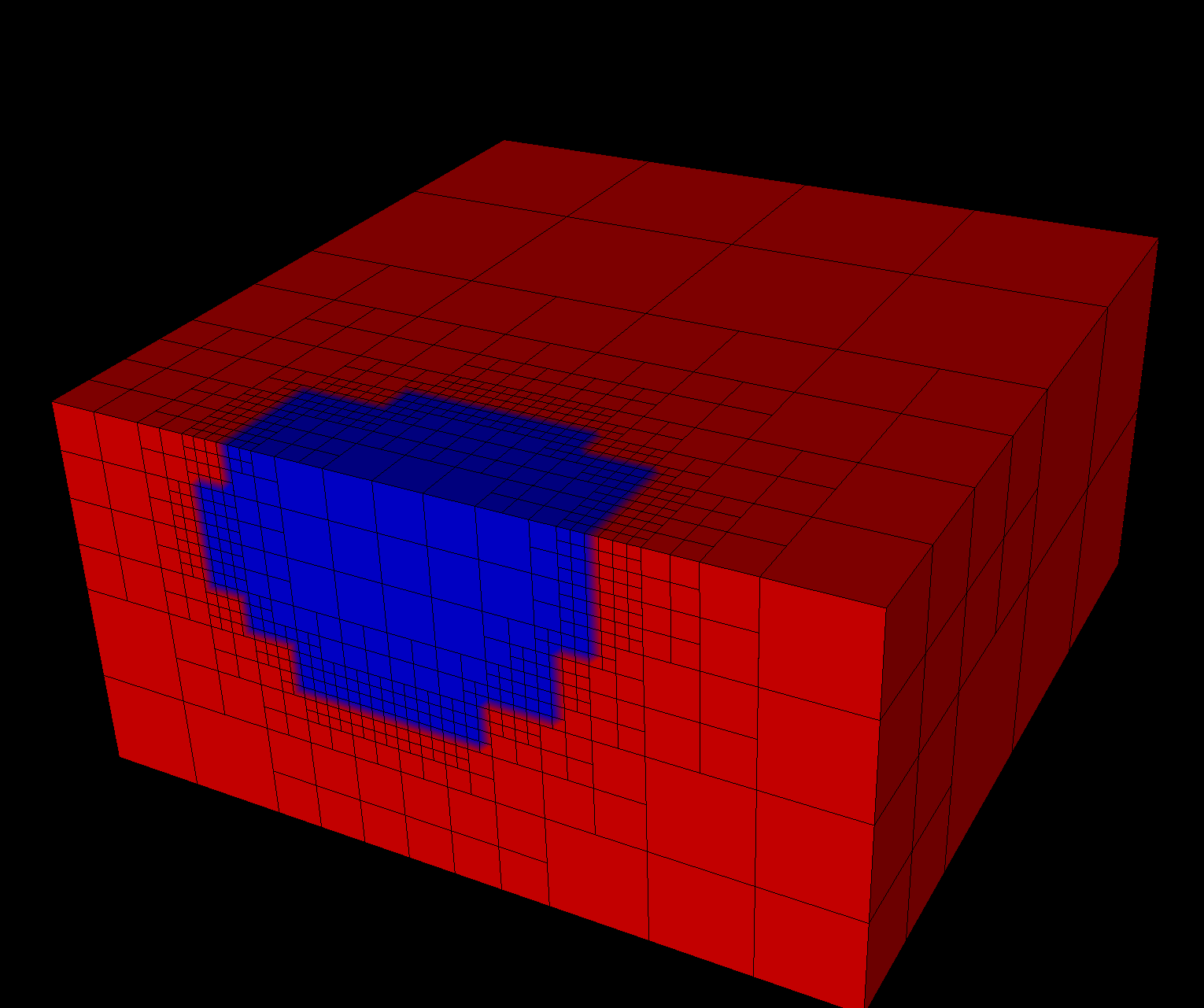 3D Mesh showing initial condition with initial adaptivity extracted from a stack of                images similar to the image in [fig:small_raw]. The mesh is cropped in the vertical                direction to show the internal structure.