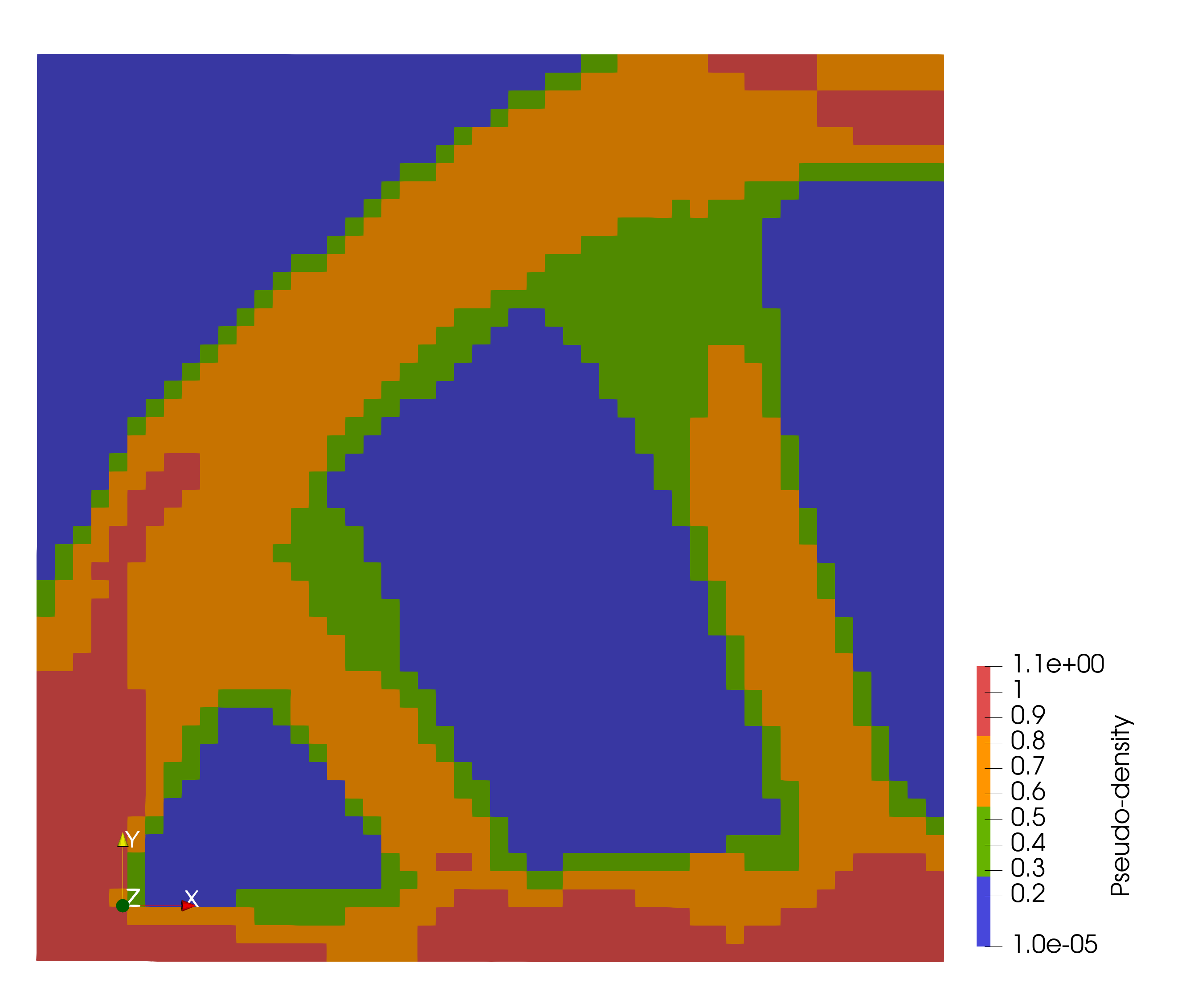 The distribution of materials, indicated by their pseudo-density.