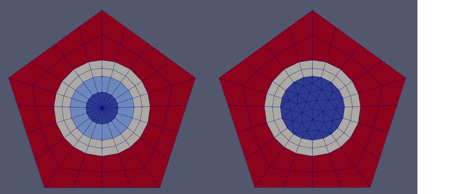 Example meshes when [!param](/Mesh/PolygonConcentricCircleMeshGenerator/replace_inner_ring_with_delaunay_mesh) is set as `false` and `true`.