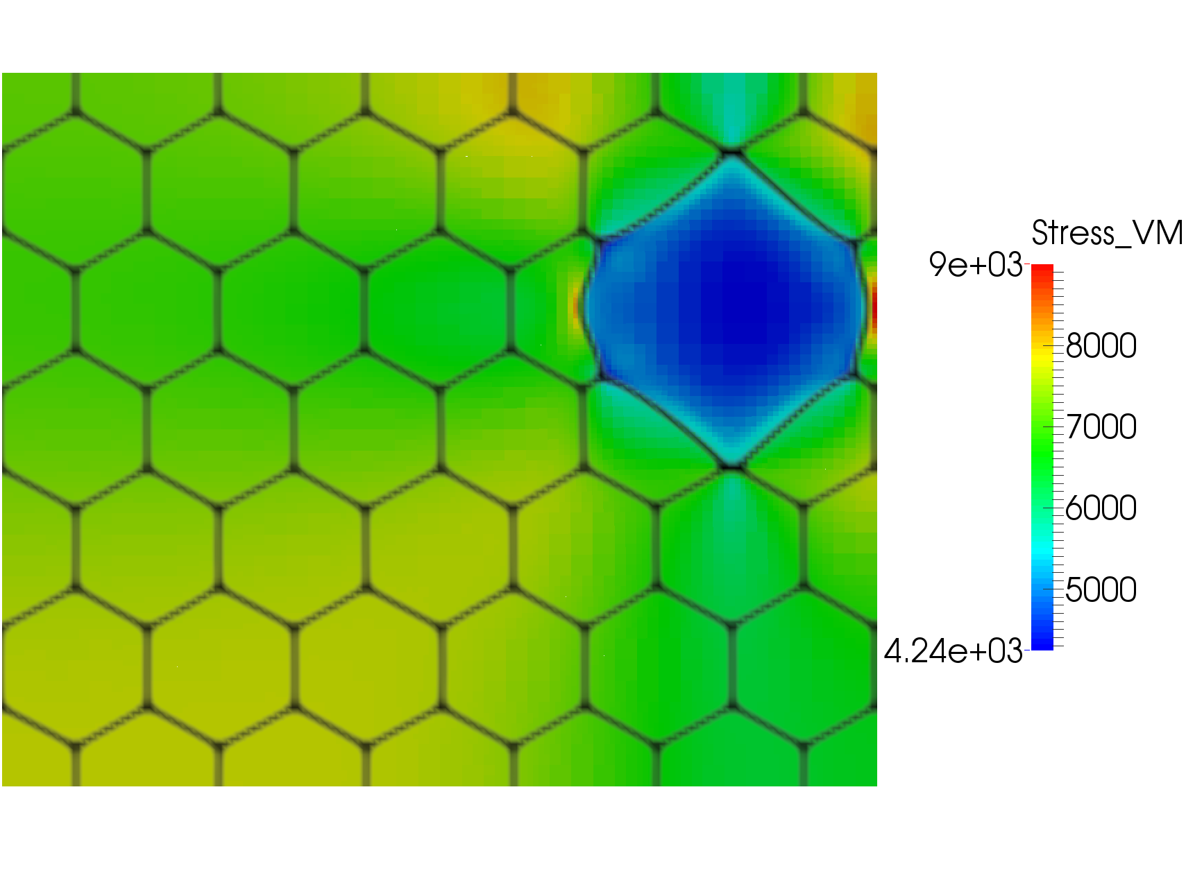 Elastic energy driven grain growth in a 2D hexagonal copper polycrystal with one growing grain. The result was calculated using an example input file from the combined module. The input file is `hex_grain_growth_2D_eldrforce.i`