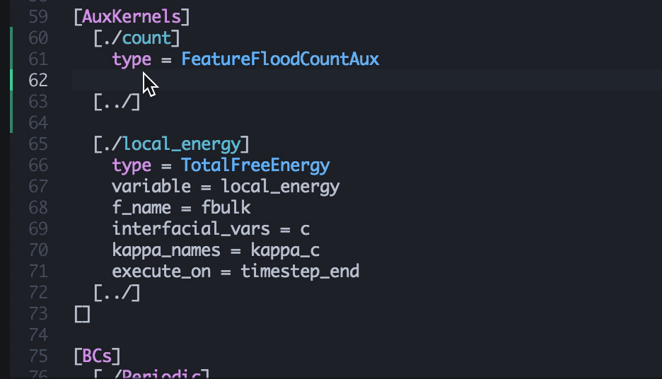 Autocompletion for MOOSE input files.