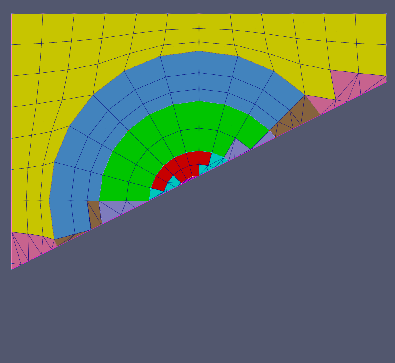 The complex multi-block mesh cut using the `CUT_ELEM_TRI` method.