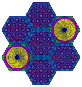 Small core with pin-by-pin assemblies and two control drums created using [PatternedHexMeshGenerator.md] (with various input objects)