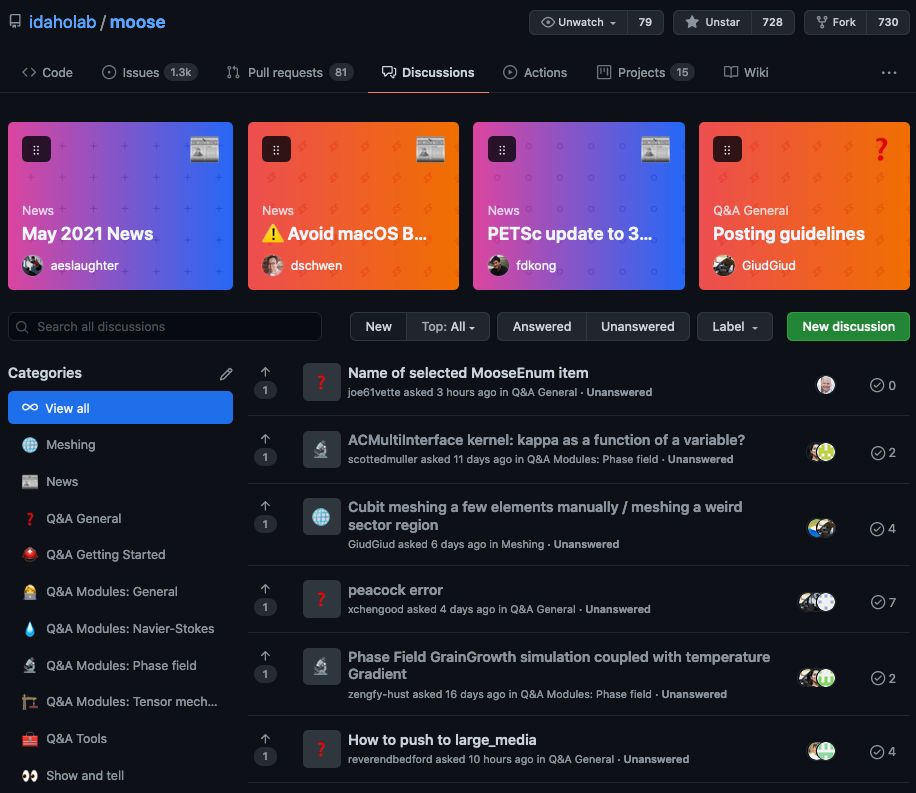 Screenshot of MOOSE discussions on GitHub.