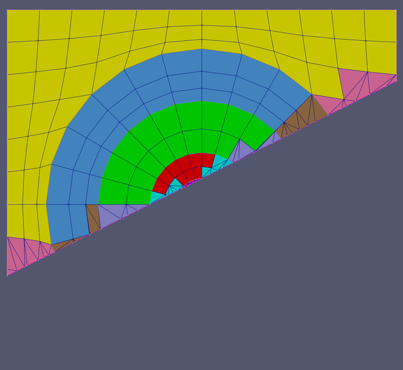 The complex multi-block mesh cut using the `CUT_ELEM_TRI` method.