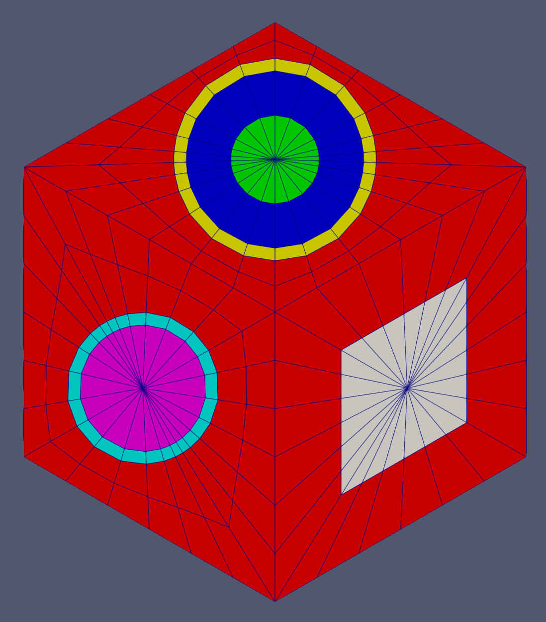 A typical mesh generated by this `TriPinHexAssemblyGenerator` object with one large-circular-pin section, one small-circular-pin section, and one pin-free section.