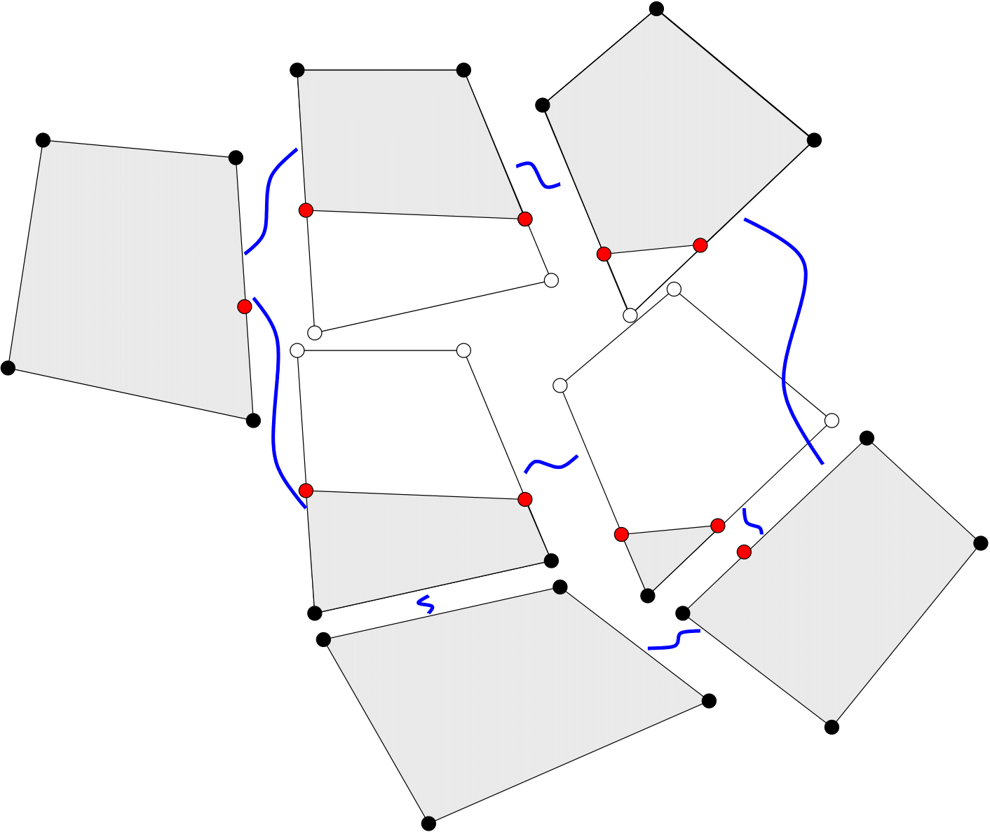 Replacement of cut elements with partial elements and identification of edges to be combined because of shared material (shown by blue lines).