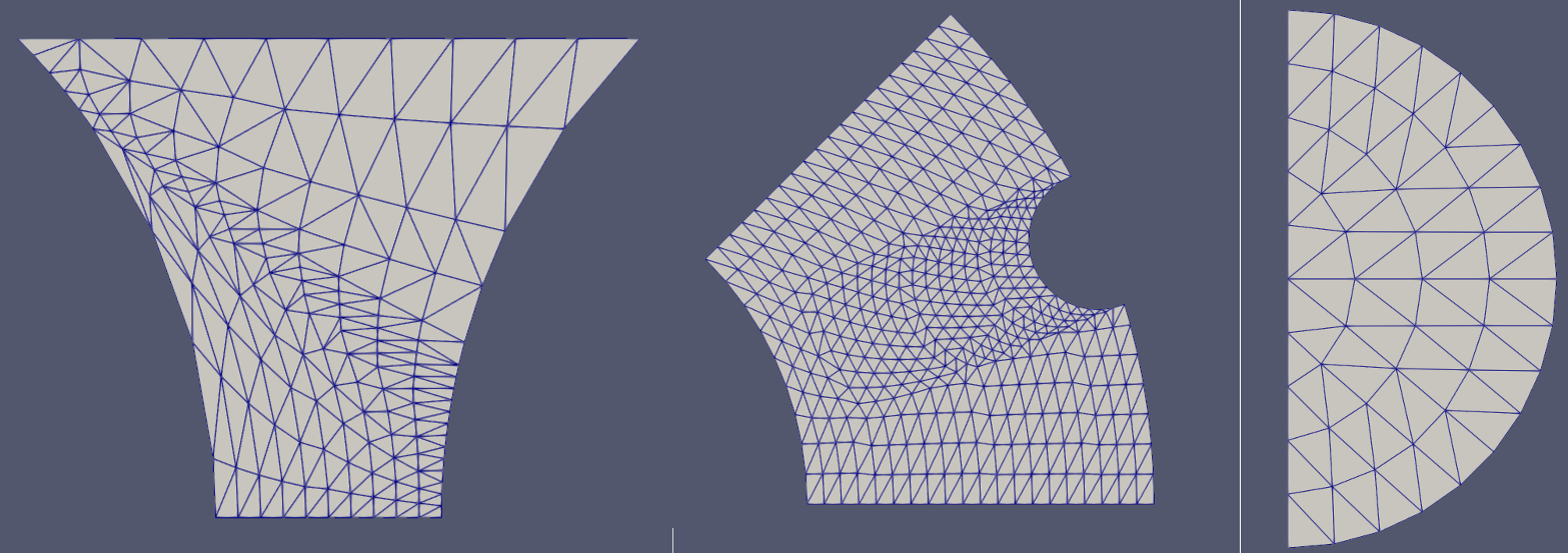 Some representative meshes generated by `FillBetweenPointVectorsTools`: (left) a transition layer mesh defined by two oppositely oriented arcs; (middle) a transition layer mesh defined by one arc and a complex curve; (right) a half-circle mesh.