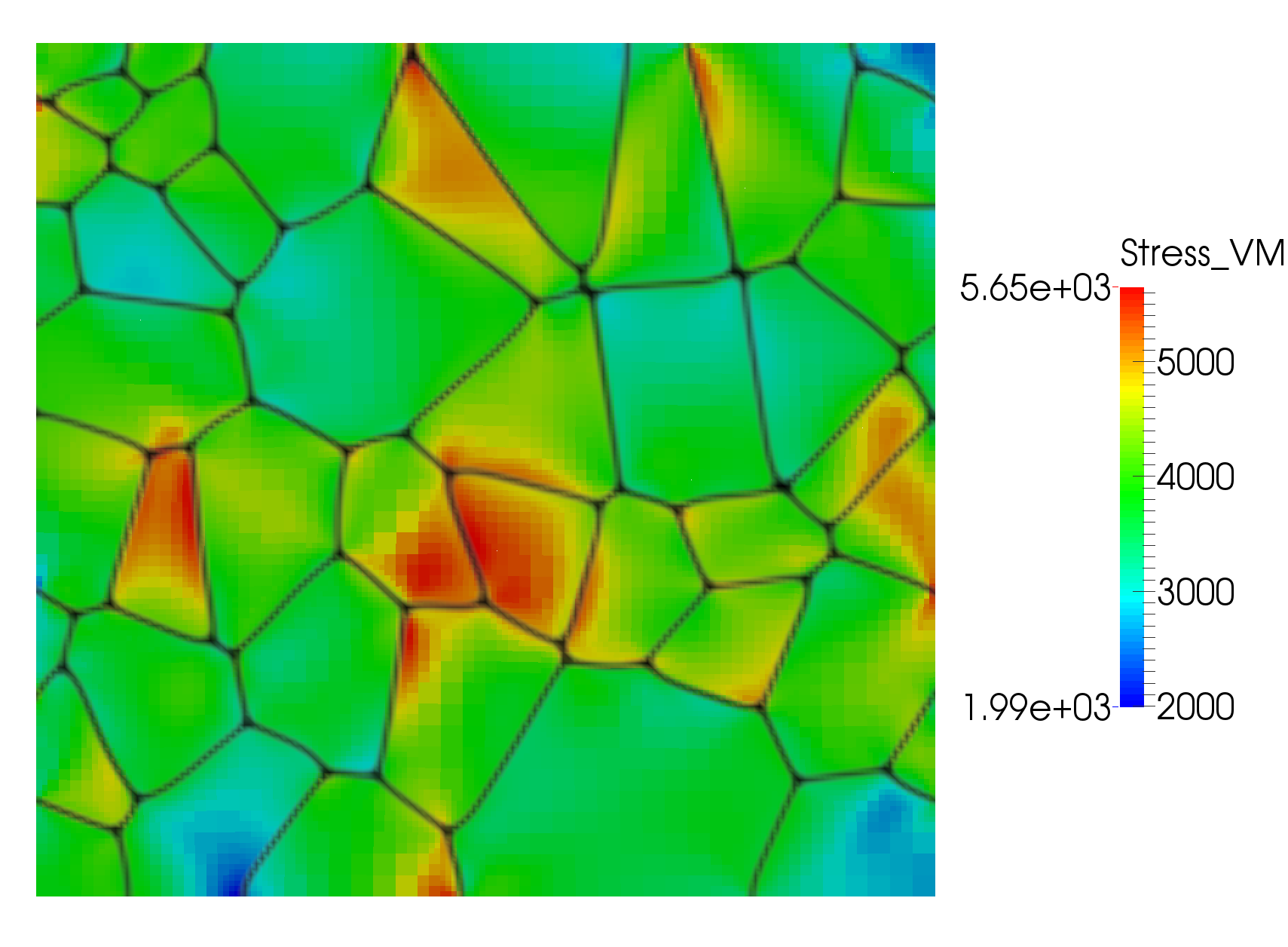 Elastic energy driven grain growth in a 2D copper polycrystal. The result was calculated using an example input file from the combined module. The input file is `poly_grain_growth_2D_eldrforce.i`