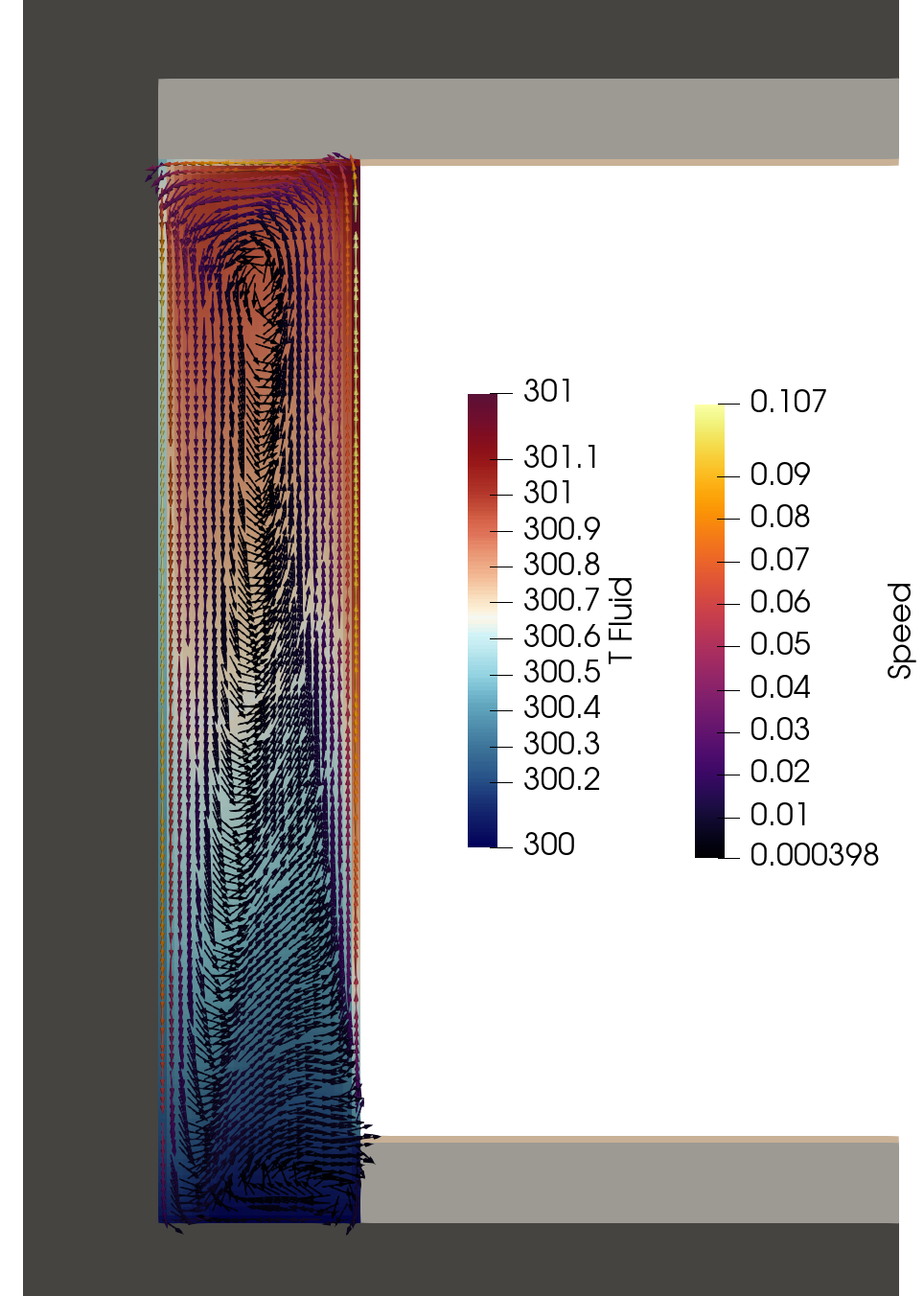 Temperature and velocity fields for the water, displaying a convective cell.