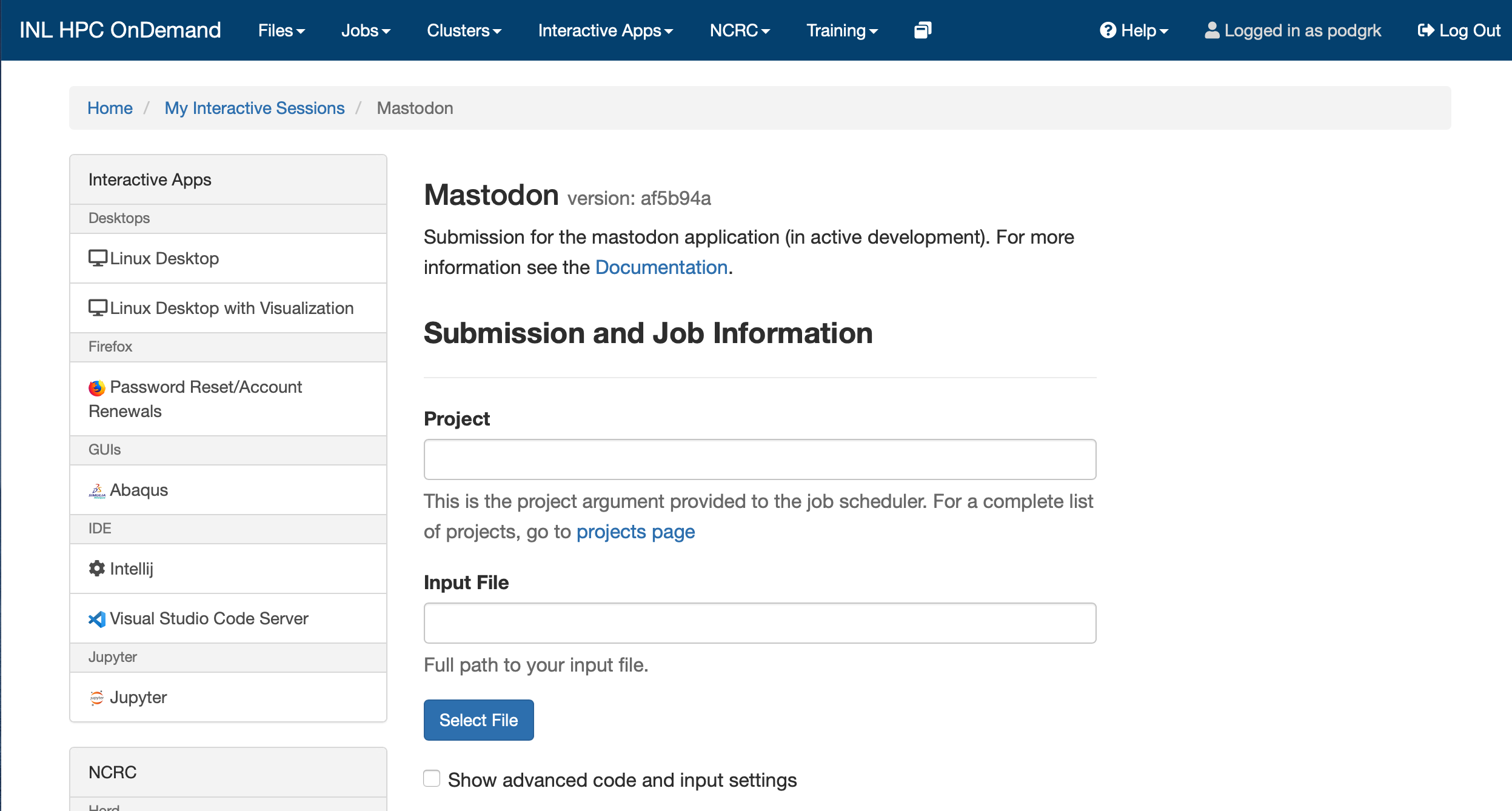 Top part of the NCRC job submission form.