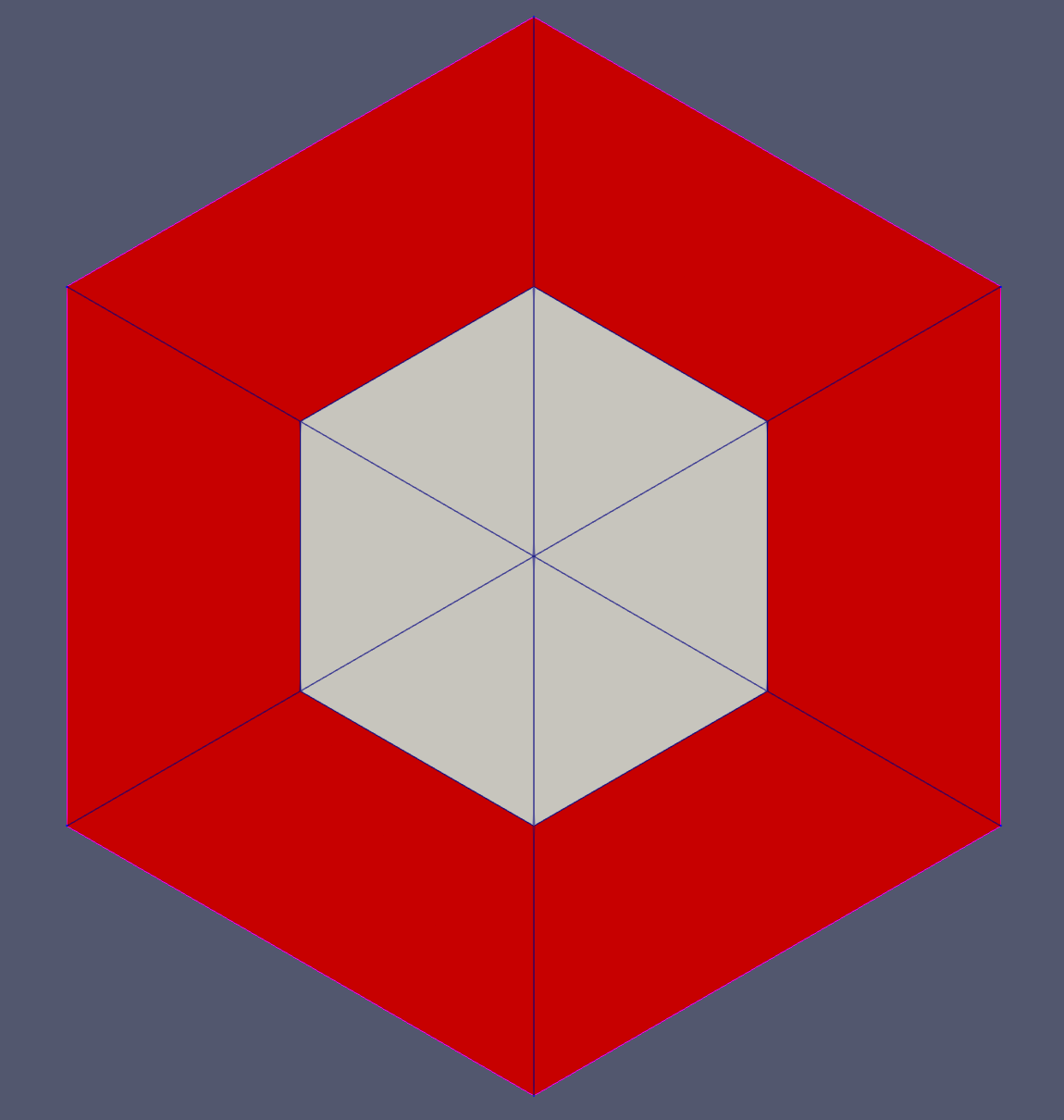 A hexagonal mesh generated by `SimpleHexagonGenerator` with [!param](/Mesh/SimpleHexagonGenerator/element_type) as `HYBRID` (note the additional radial discretizations).