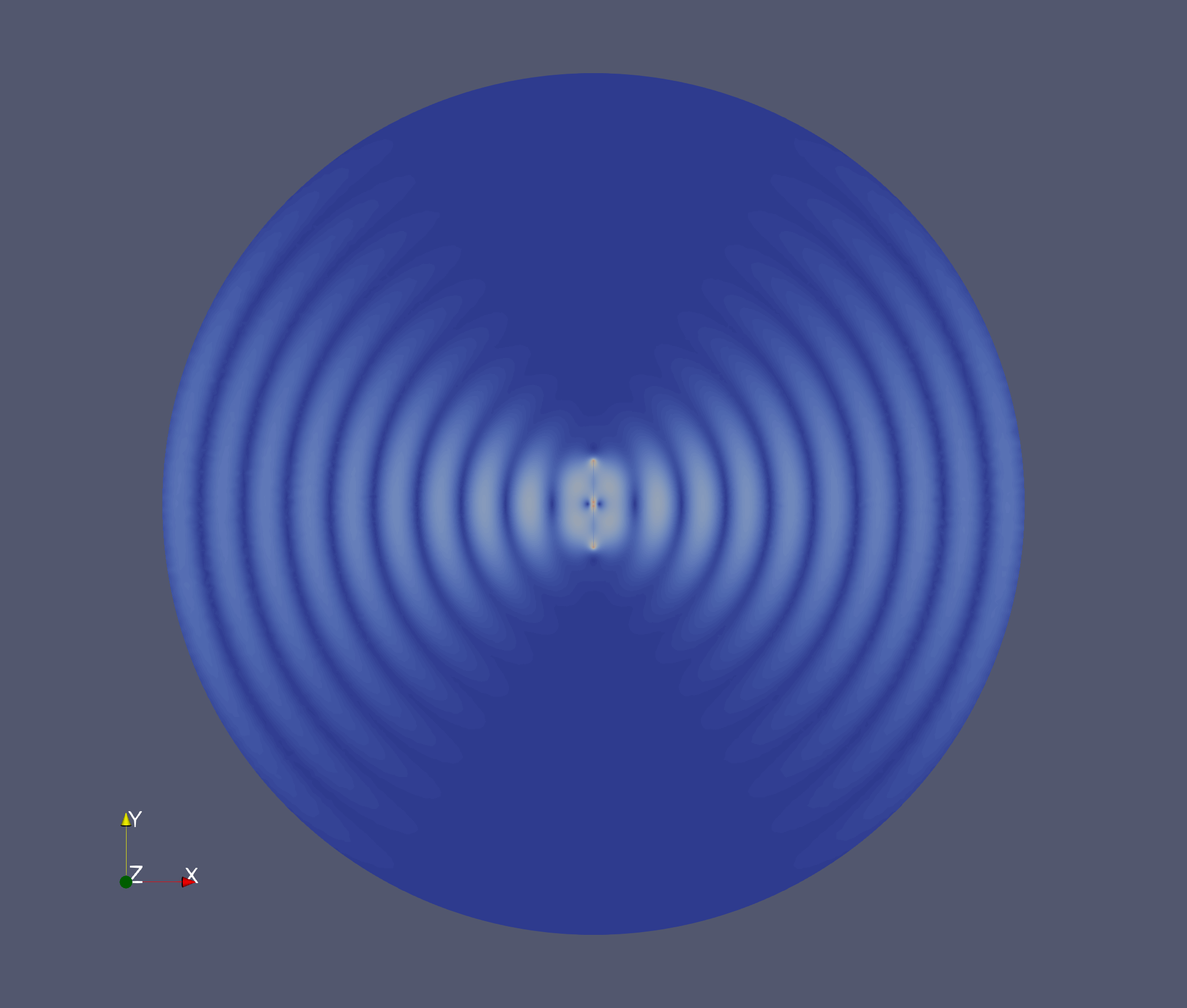 Electric field radiation pattern of half-wave dipole antenna driven by a 1GHz signal, simulated using the EM module. Note that field intensity is normalized to 1.0.