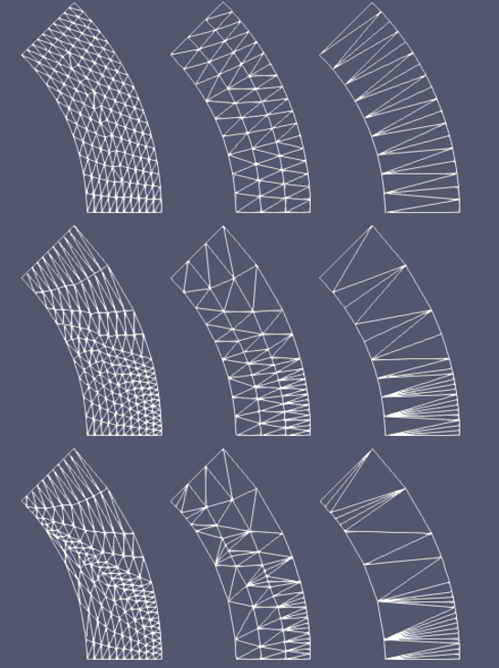 A schematic drawing showing different transition layer meshes generated between two arc boundaries: (left to right) very fine mesh, fine mesh, and coarse mesh; (top to bottom) uniformly distributed nodes, slightly biased nodes, and heavily biased nodes.