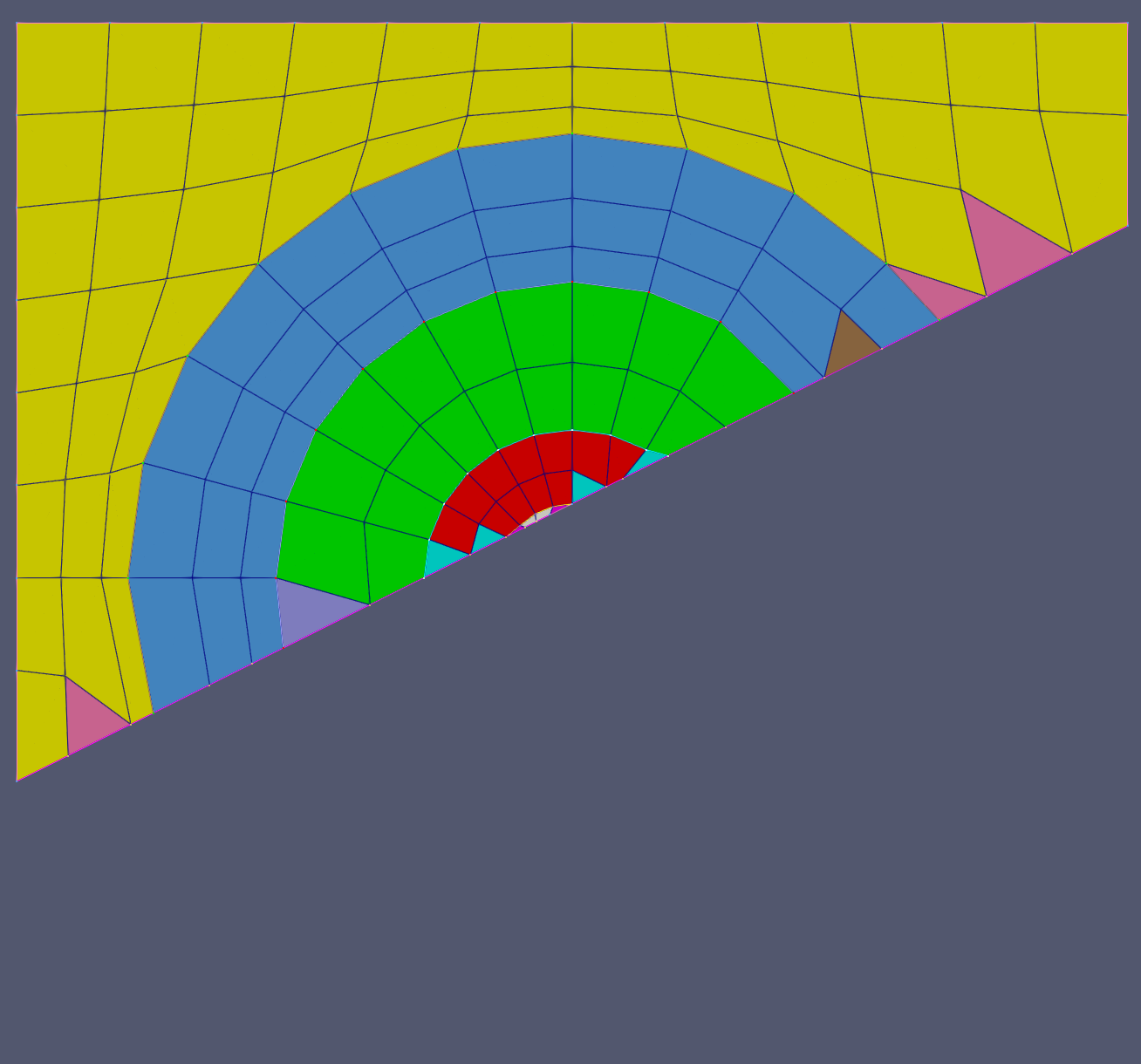The complex multi-block mesh cut using the `MOV_NODE` method with all interfaces provided as `other_boundaries_to_conform`.
