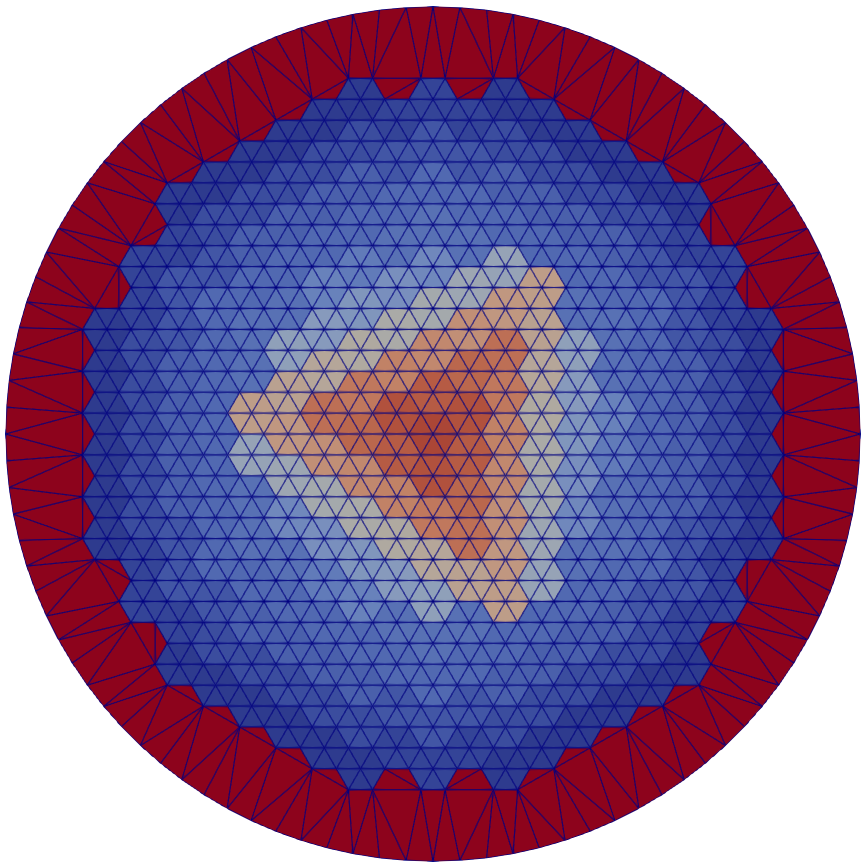 An example triangulation generated by this `PeripheralTriangleMeshGenerator` object around an existing core mesh.
