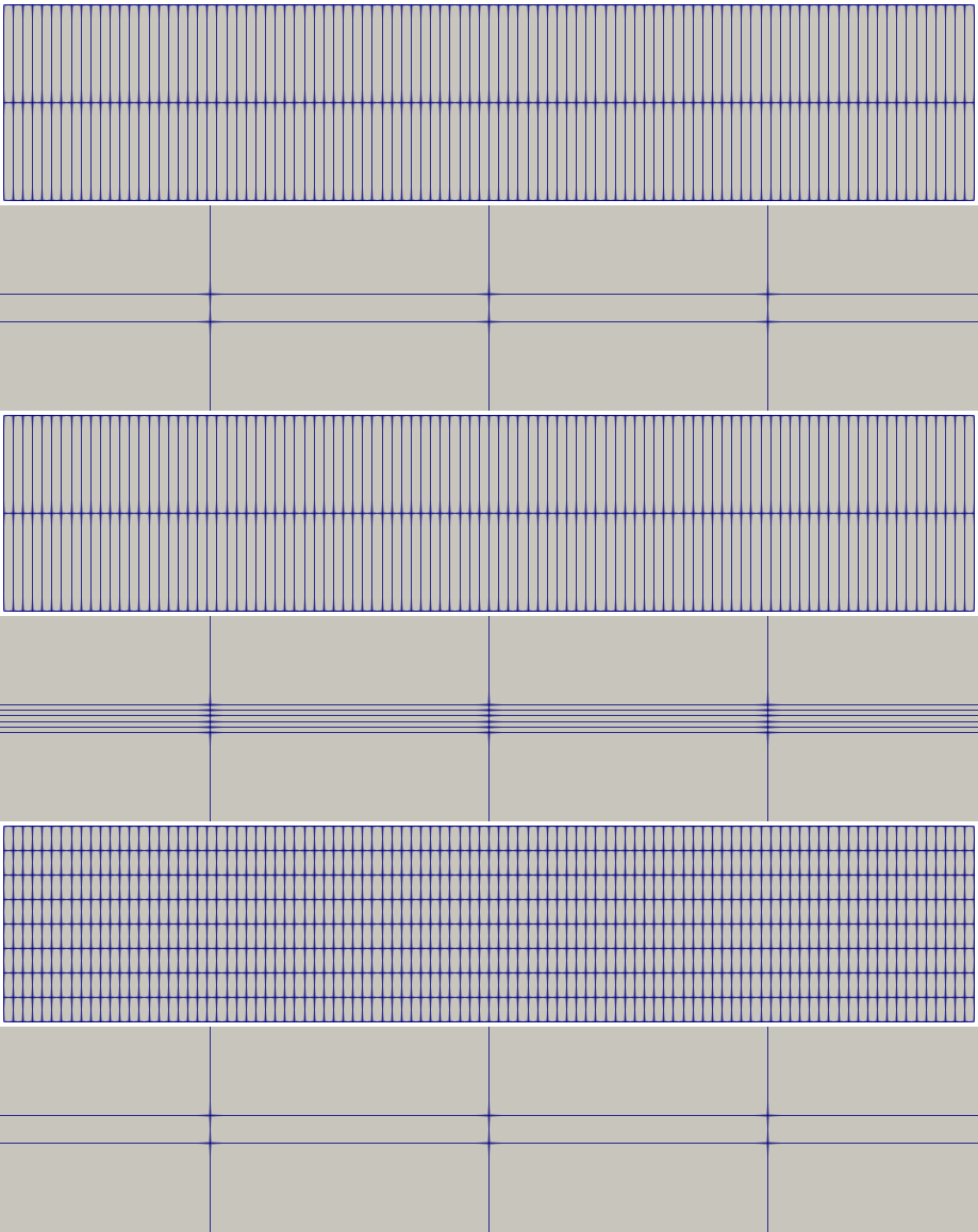 The 2D meshes used in the diffusion simulation.  Each mesh consists of a central thin 2D fracture surrounded by a large and coarsely-meshed matrix.  Top: Mesh A: fracture width meshed with 1 element; matrix with 1 element.  Second: Mesh A zoom.  Third: Mesh B: fracture width meshed with 5 elements; matrix with 1 element.  Fourth: Mesh B zoom.  Fifth: Mesh C: fracture width meshed with 1 element; matrix with 4 elements.  Bottom: Mesh C zoom.