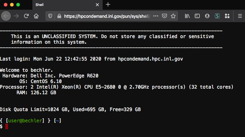 Screenshot of the online interactive terminal for HPC OnDemand.