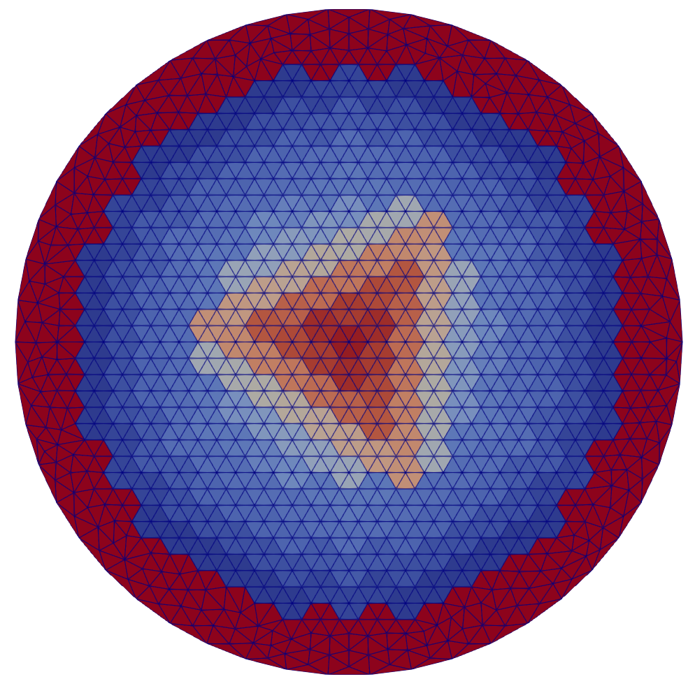 An example triangulation generated by this `PeripheralTriangleMeshGenerator` object using optional triangle refinement to improve triangle quality.