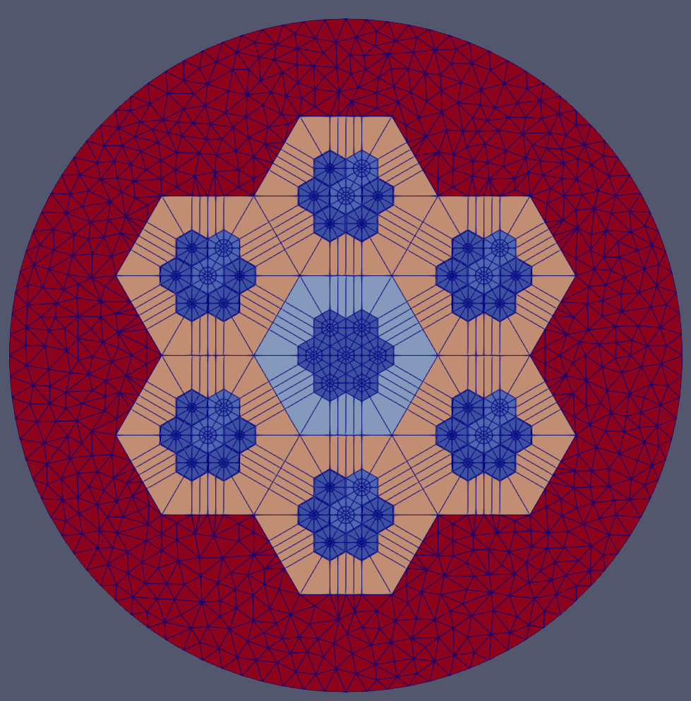 Reactor core mesh with hexagonal assemblies and a circular periphery.