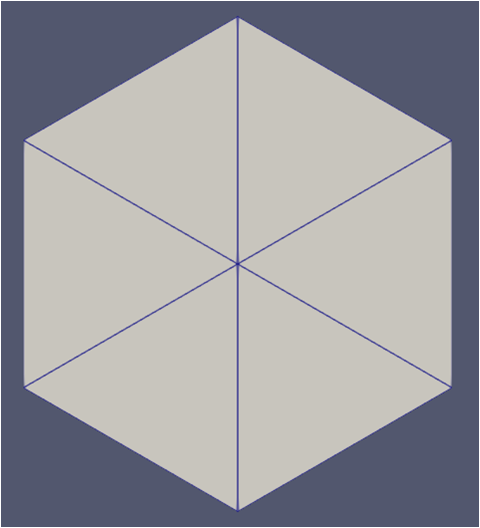 A schematic drawing showing a typical simple hexagonal mesh generated by this `SimpleHexagonGenerator` object with [!param](/Mesh/SimpleHexagonGenerator/element_type) as `TRI`.