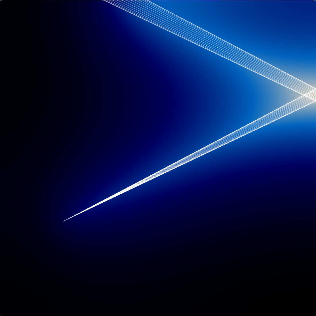 Result for the diffusion-reaction problem with a flashlight point source, with adaptivity, and with a [RayTracingExodus.md] overlay.