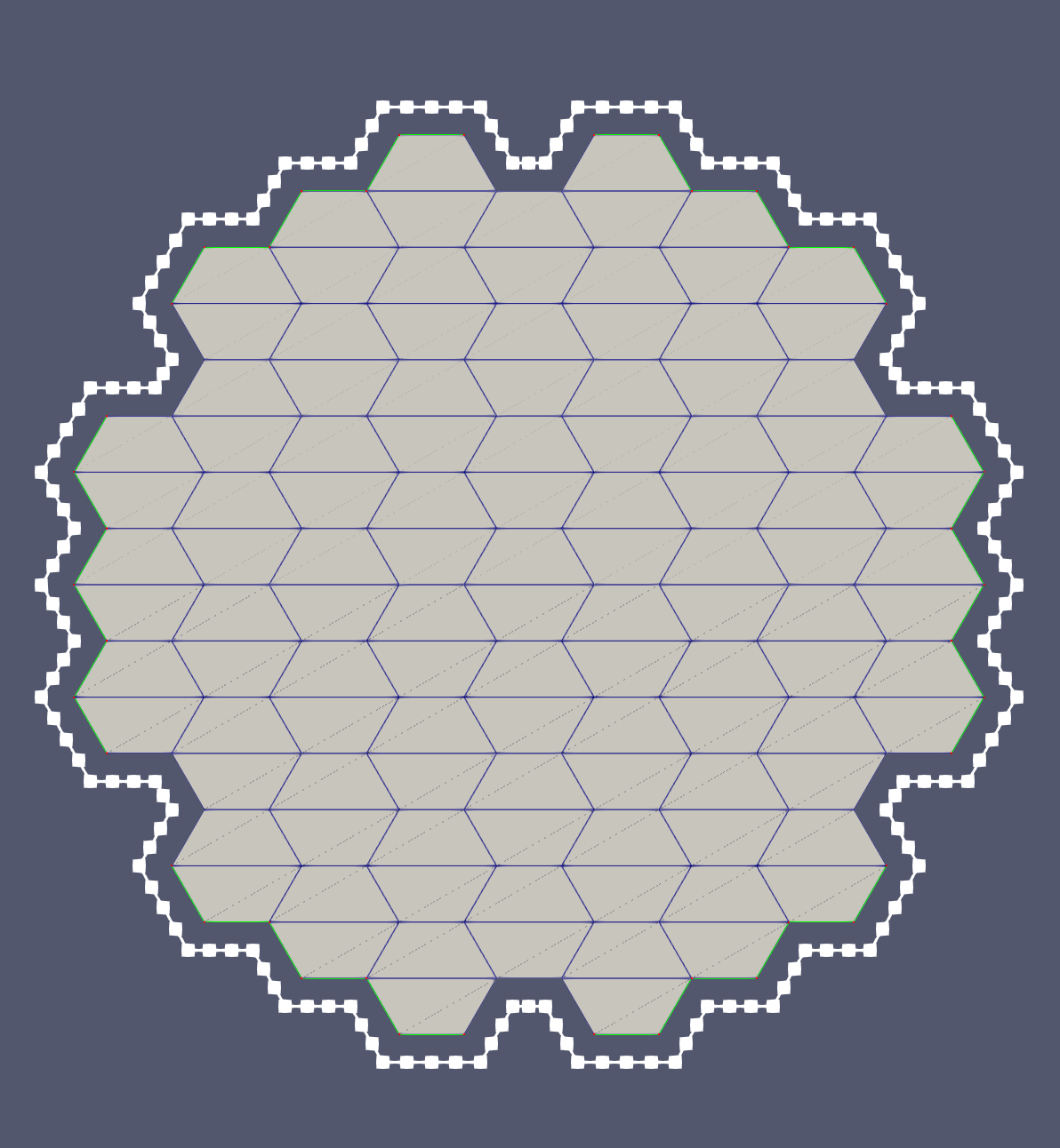 A refined polyline mesh that is generated around a set of patterned hexagons with a gap in the outward direction.