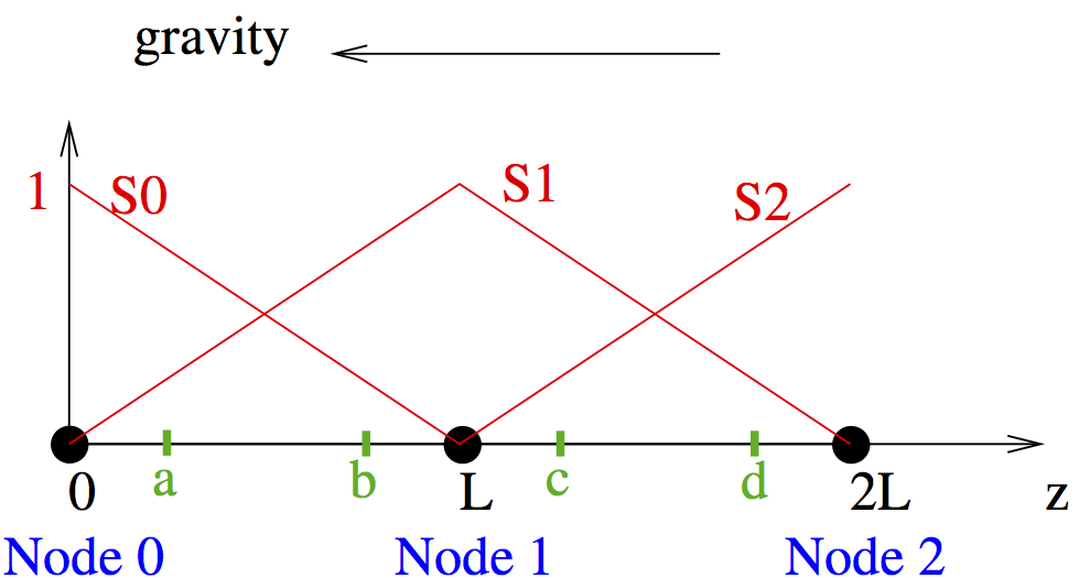 Two elements of length $L$. Linear Lagrange shape/test functions for each node are shown in red ($S_{0}$ for node 0, $S_{1}$ for node 1, and $S_{2}$ for node 2). Gravity acts in the direction $-z$. Gauss points are shown in green.