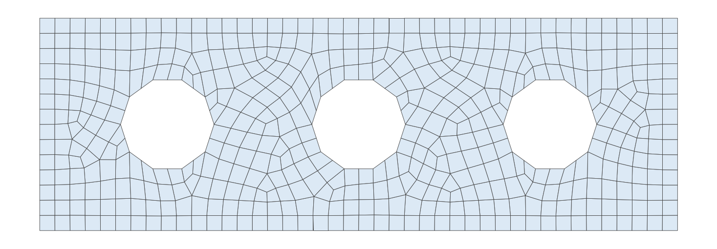 The MBB-beam domain meshed by this pipeline with [!param](/Mesh/TriToQuadConverter/all_quad), recombined into quadrilaterals and smoothed.